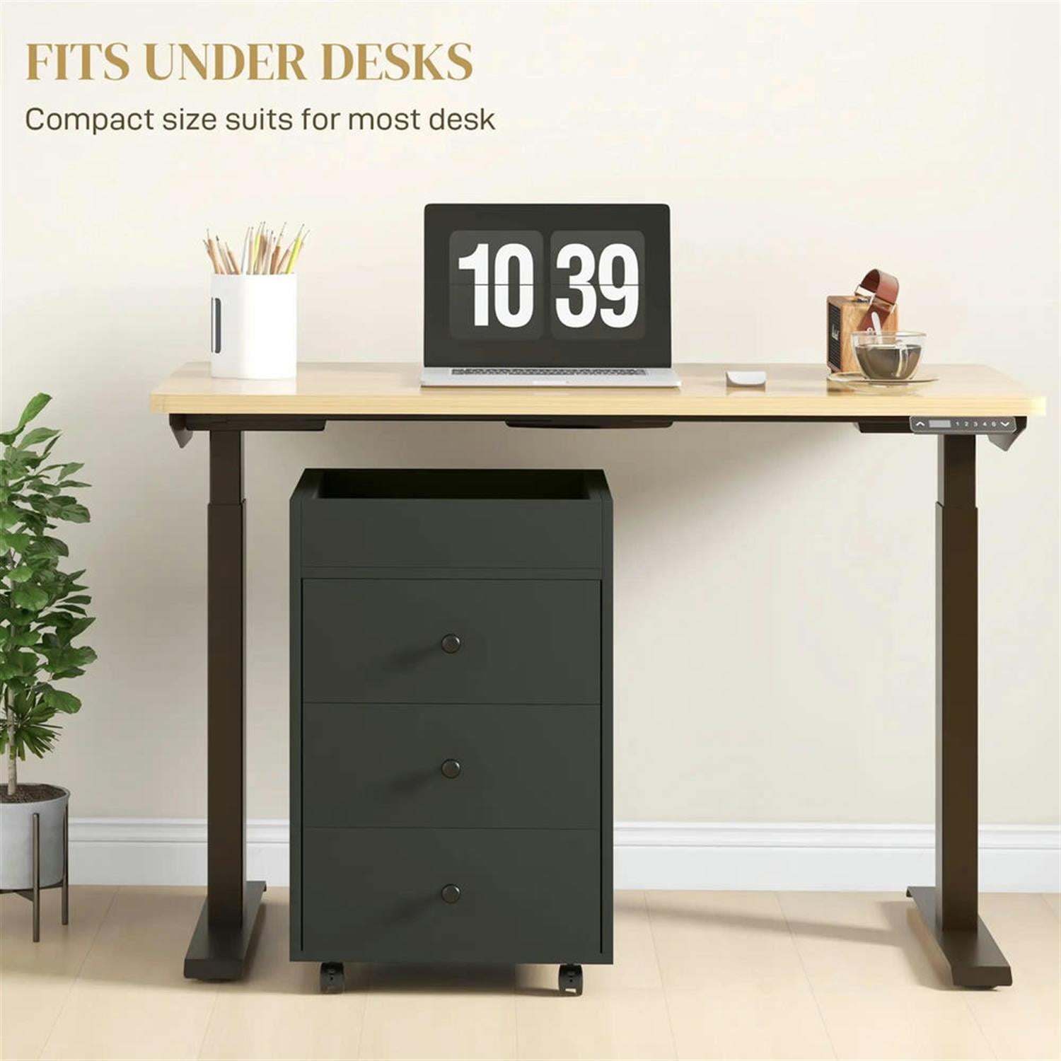 Demi Bonn Rolling Filing Cabinet with Castors, Modern 3 Drawer File Cabinet with Top Tray Under for Home Office, Desk Printer Stand, Black