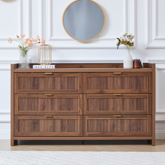 MIYZEAL 55.1" Walnut 6 Drawer Dresser for Bedroom, Modern Fluted Wood Chest of Drawers with Wide Storage, Mid-Century Dresser for Clothes, Closet, Living Room, TV Stand