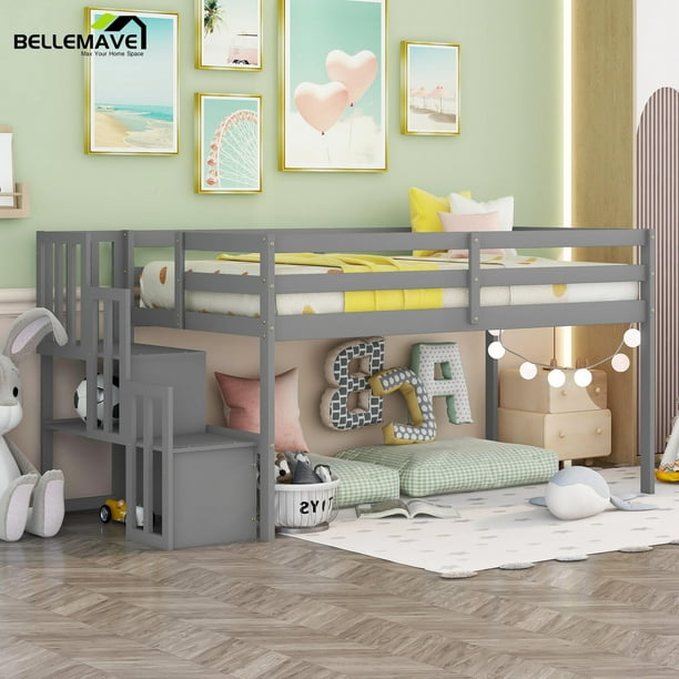 Bellemave Twin Loft Bed with Stairs and Storage, Wood Low Loft Bed for Kids, Toddlers & Teens
