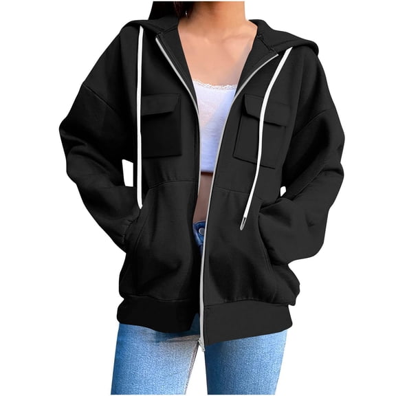 DHFJKG Plus Size Hooded Jacket For Women Solid Color Zip Up Casual Outerwear With Pockets And Drawstring Warm Sportswear Long Sleeve Streetwear Leisure Coats