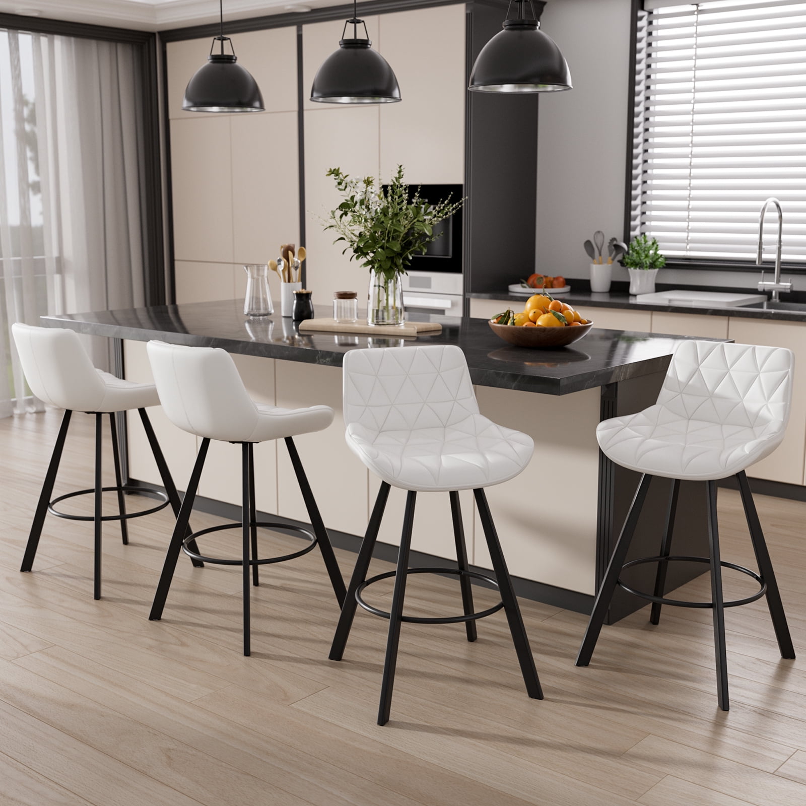 Genpo Bar Stools Set of 3, 26" Kitchen Counter Height Bar Stools with Back Metal Legs and Footrest, White Leather Barstools for Kitchen Island