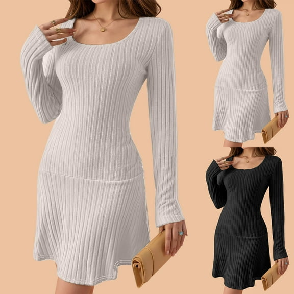 BiZtdJrK Womens Slim Fit Sweater Dress Tiered Loose Hem Long Sleeve Knit Tunic Mini Dresses Comfy Casual Fall Sweaters Black L