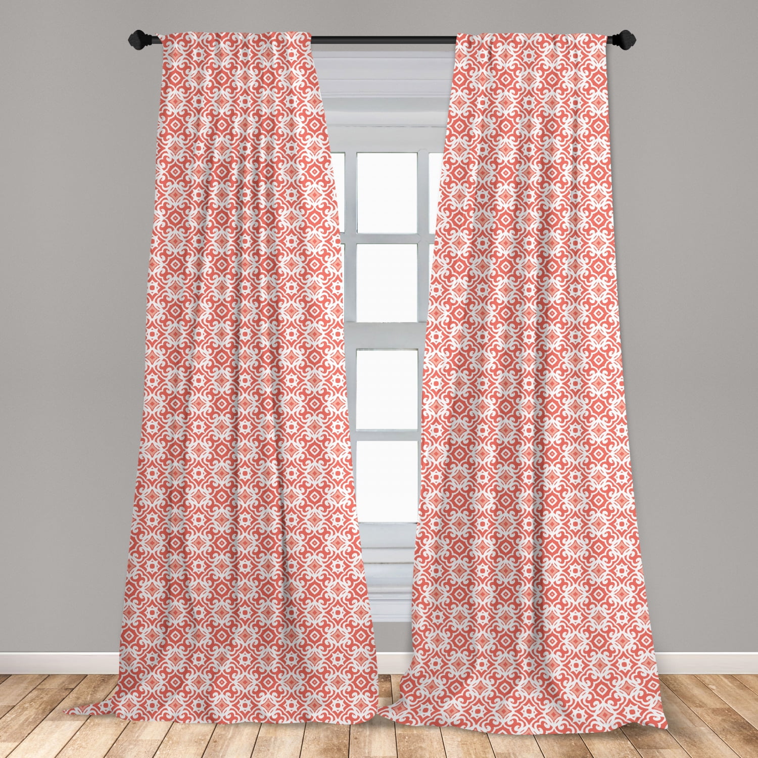 Coral Curtains 2 Panels Set, Geometric Art Deco Pattern with Lacing