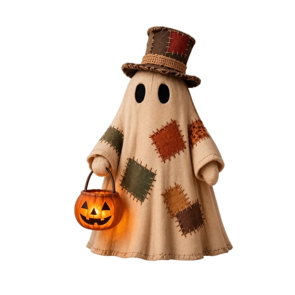 Vintage Halloween Ghost Decoration with Pumpkin Bucket - ic Patchwork Standing Ghost Figurine with Top Hat, Primitive Fabric Ghost for Tabletop, Mantel, Indoor Home Halloween Fall Decor C