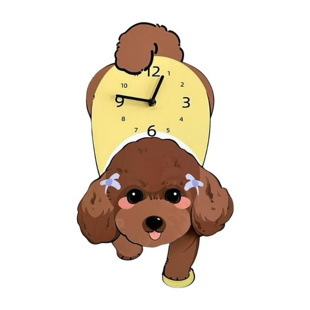 Adorable reloj de pared con forma de perro, reloj colgante moderno y ligero con péndulo. No Marrón