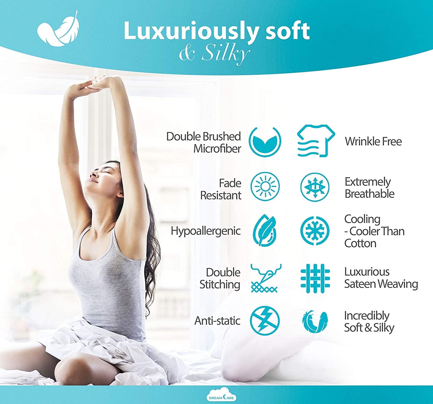 DREAMCARE Queen Size Sheets - Cooling Bed Sheets with Side Pocket - 4pcs Set, 15 inches, Gray