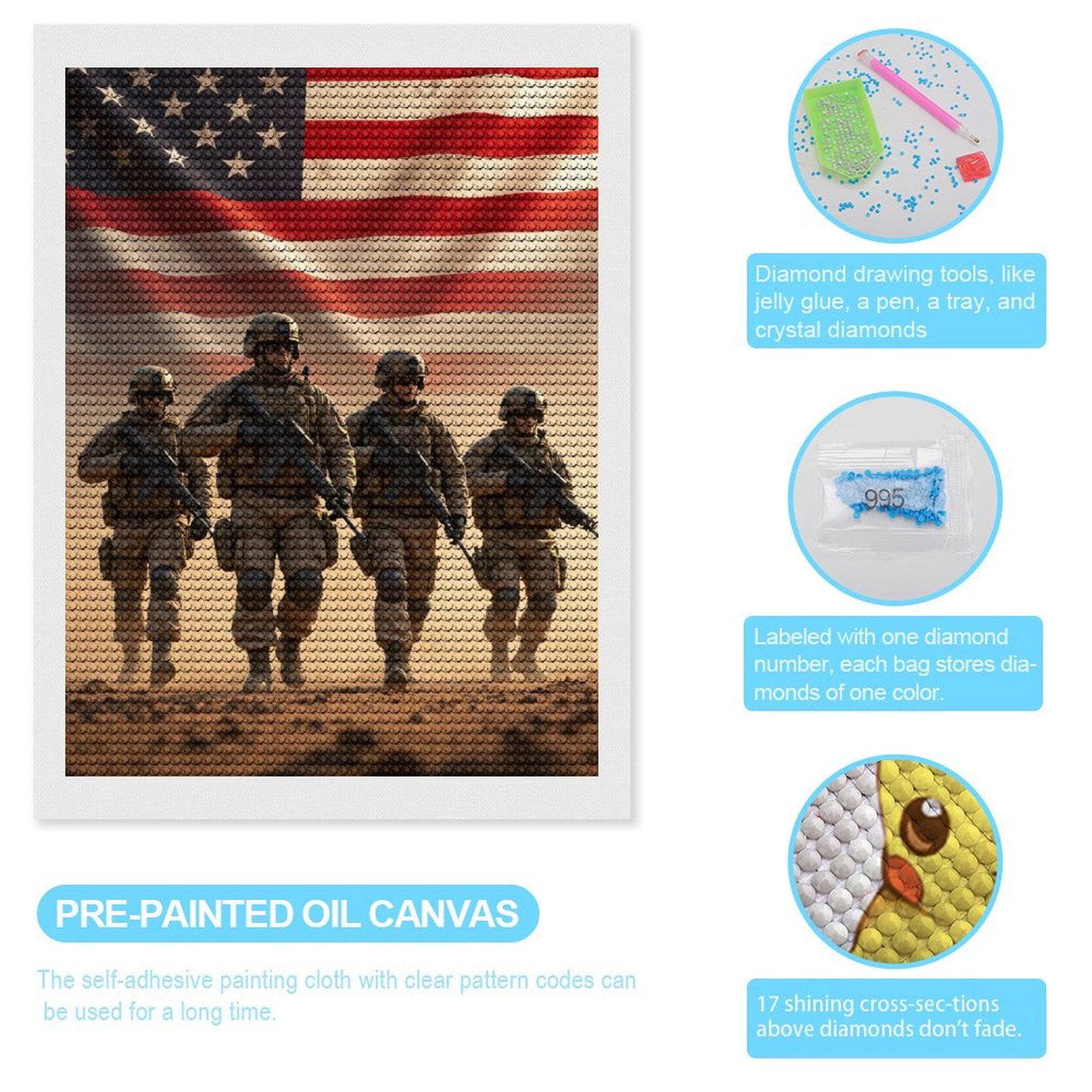 Diamond Art Kits for Adults, American Soldiers Marching Determined 5D Diamond Painting Kits for Adults Beginners, DIY Full Drill Diamond Painting, Gem Art and Crafts 12x16