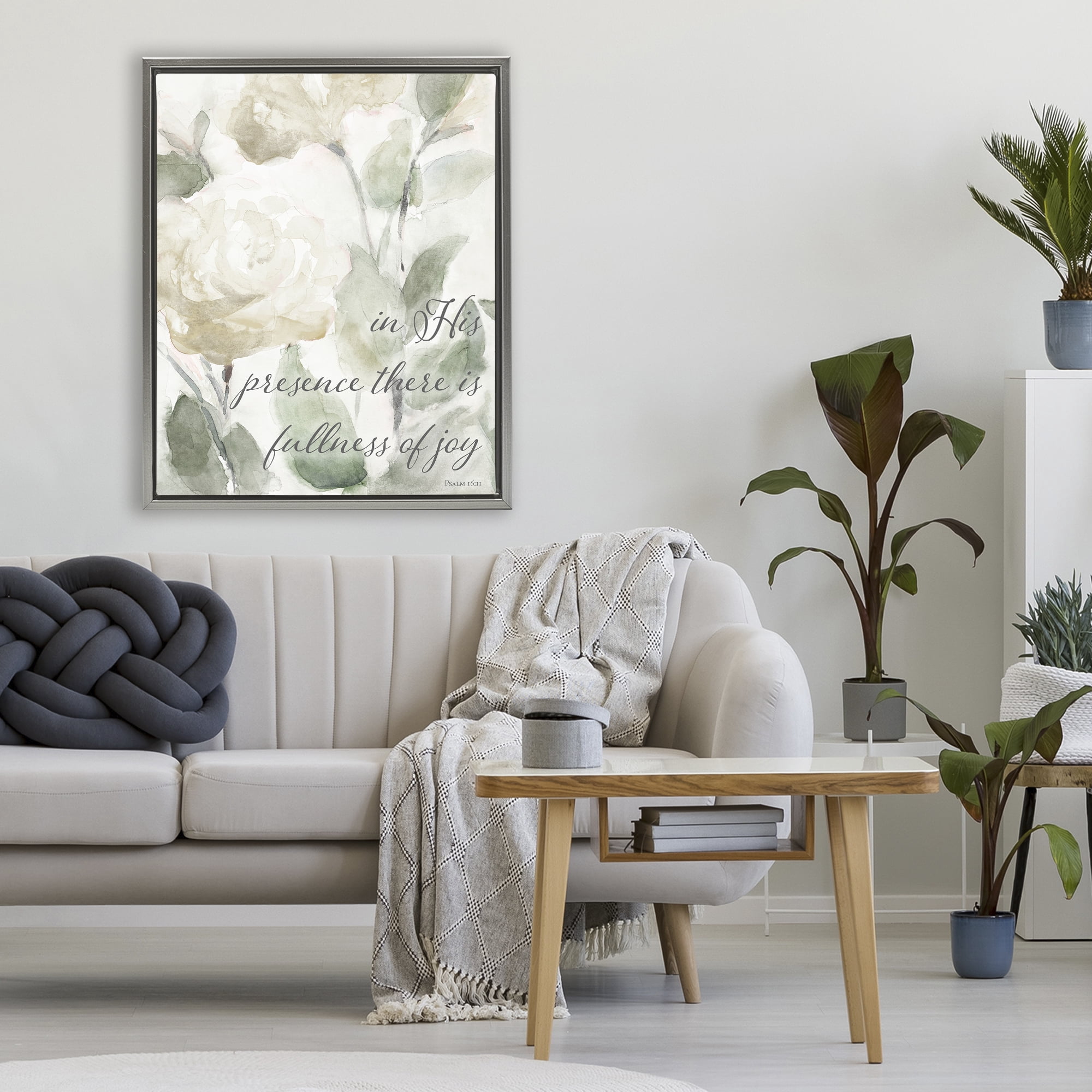 Stupell Industries His Presence Floral Scripture Gray Framed Floater Canvas Wall Art, design by Lanie Loreth