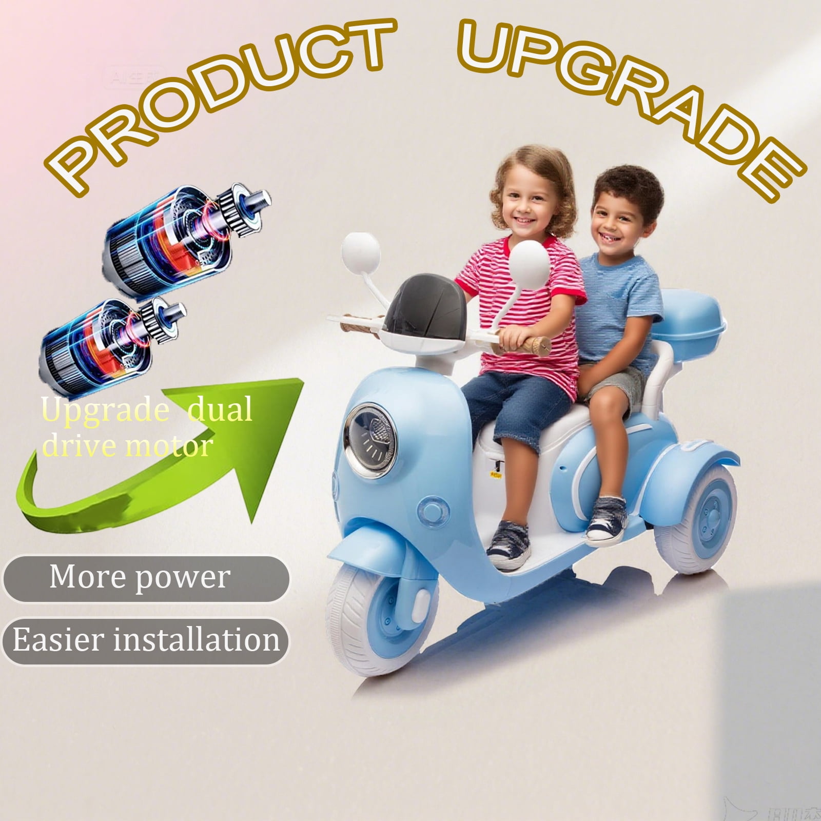 FINITO 12V 2 Seater Kids Electric Motorcycle, 3 Wheel 2WD Electric Bike with Storage Box, Bluetooth Music, LED Light Blue