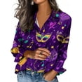 thumbnail image 2 of LEKWK Women's Mardi Gras Tops Leopard Glitter Print Button Down Blouses Dressy Casual Long Sleeve Lapel Neck Casual Work Office Outfits, 2 of 5