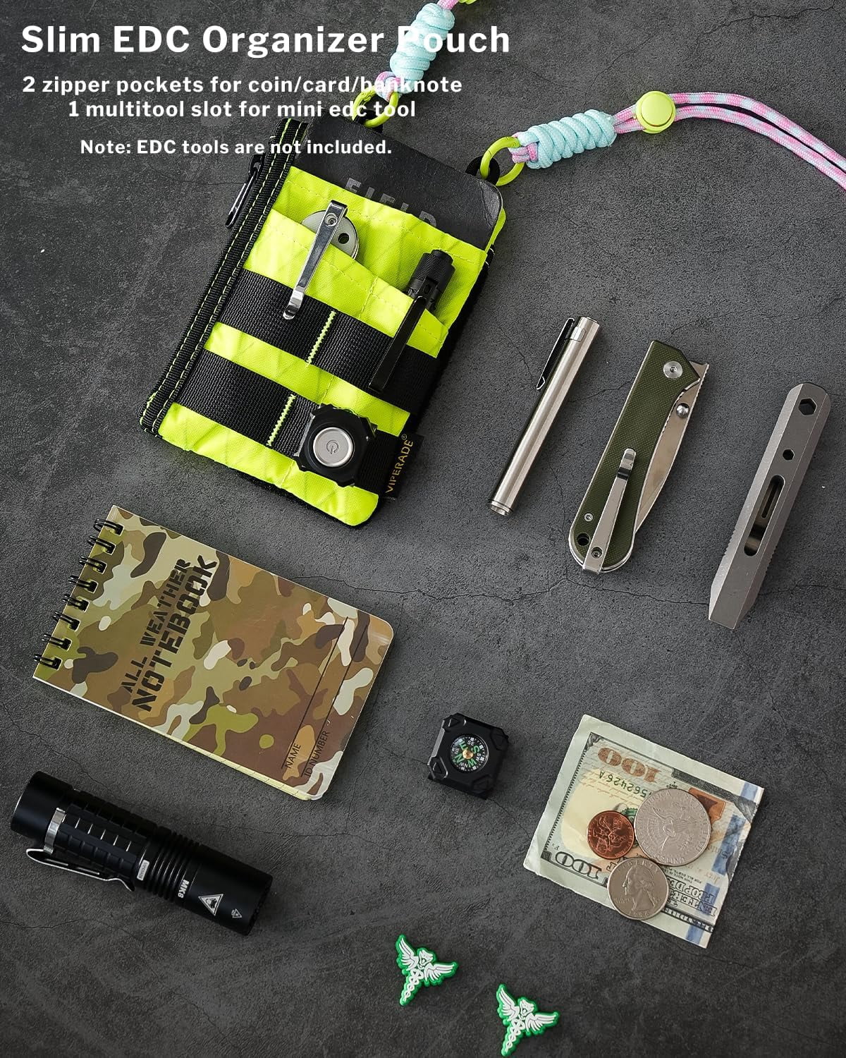 VIPERADE EDC Tool Pouch with Strap, 4 Multi-Purpose Pockets, Slim EDC Wallet Organizer for Men, Green