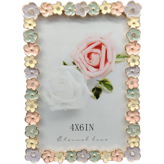 Vintage 4X6 Floral Metal Picture Frame with Enamel Finis Glass Front - Ornate Antique Colorful Flowers Photo FrameTabletop/Wall Display,Perfect Gift Choice