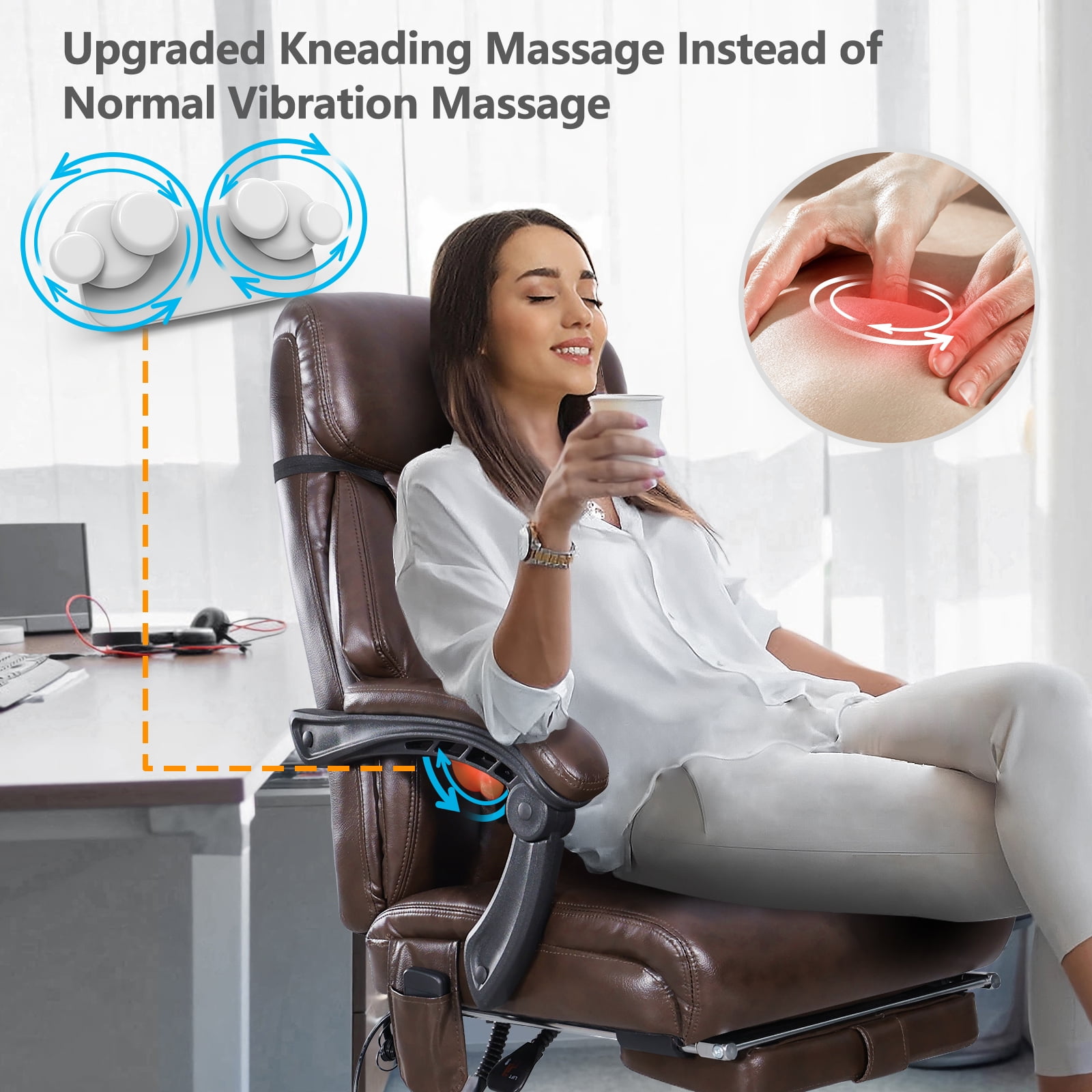 NOBLEMOOD 4 Points Massage Heated Office Chair with Foot Rest&Pillow Black Brown Ergonomic Excutive Office Chair for Adult