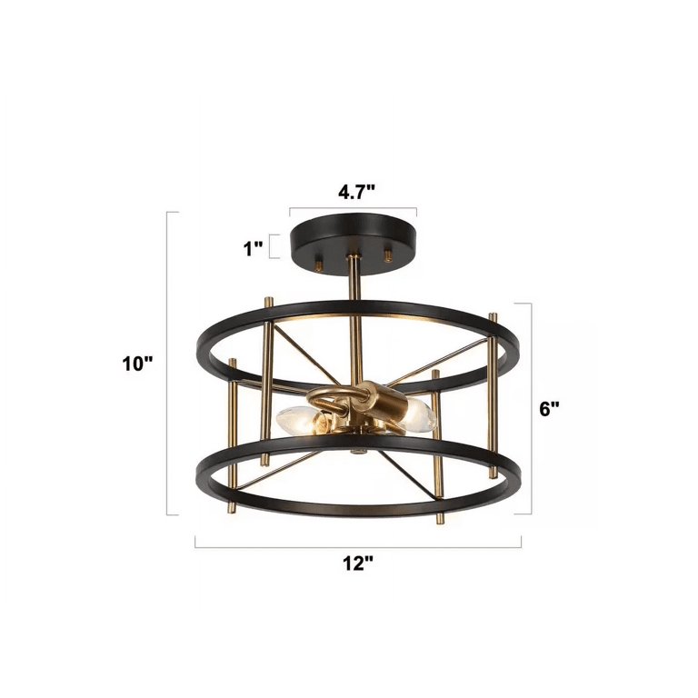 12 in. 2-Light Black Modern Semi-Flush Mount, Brass-Plated Ceiling Light,  Farmhouse Open Cage Light Fixture 