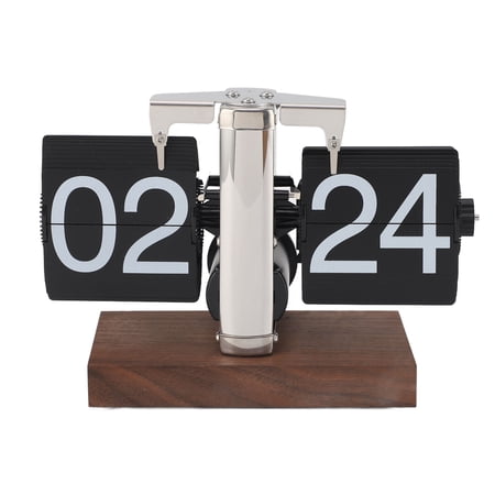 YAHHU Flip Desk Clock Auto Mechanical Flip 24H Wood Base Stainless Steel Vintage Retro Digital Table Clock for Home Office Living Room Decor (14.3 cm / 5.6 in)