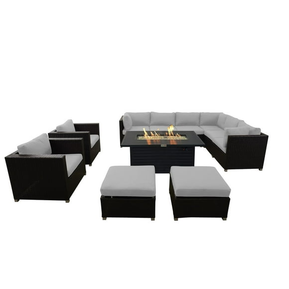 Innesbrook Collection Ensemble de conversation de patio en aluminium 11 pièces avec coussins gris et table de feu rectangulaire