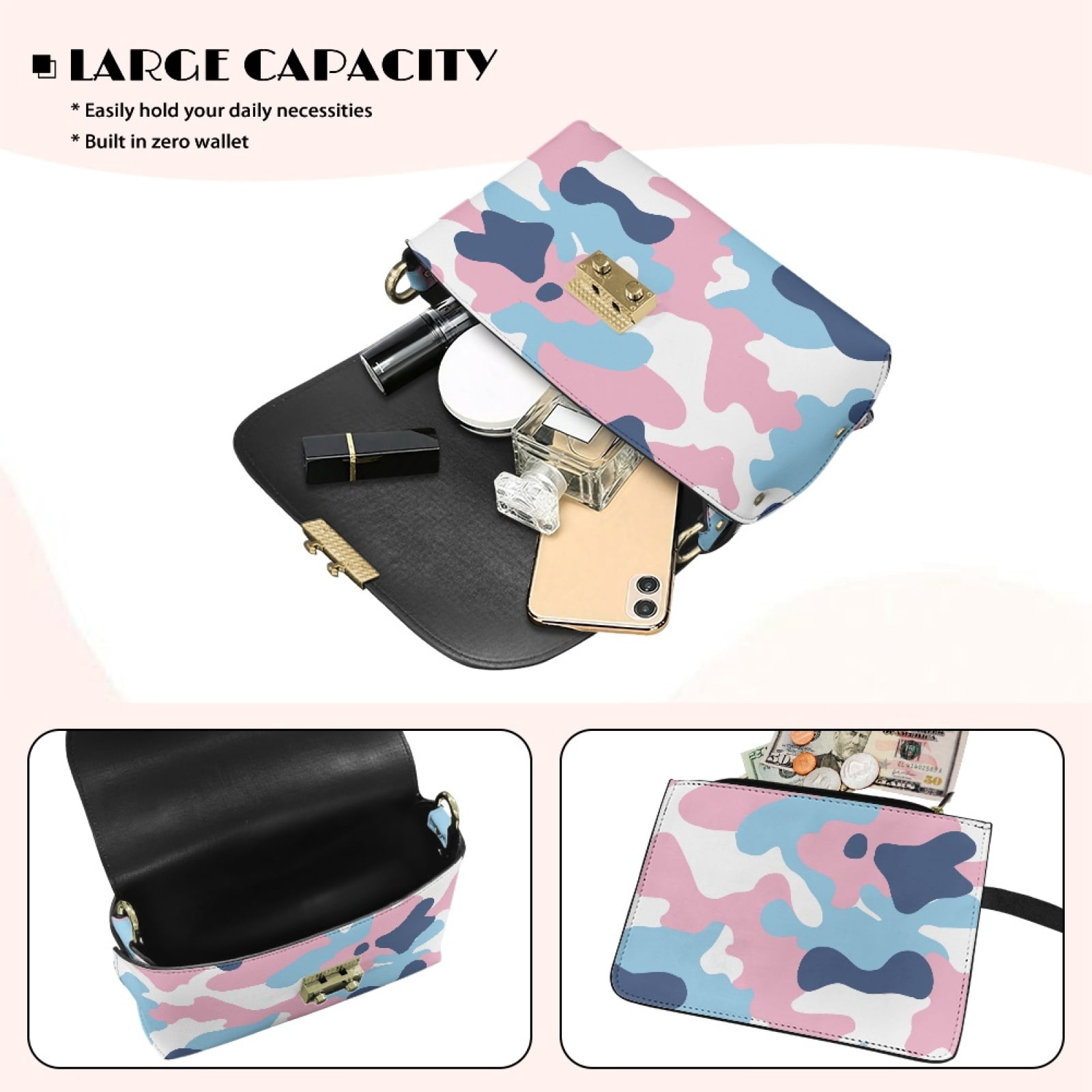 SCRAWLGOD Camouflage Pink Blue White Small Crossbody Bags for Women, Fashion Stain Resistant Cell Phone Purse, Mini Travel Purse with Detachable Chain, Casual Crossbody Handbags