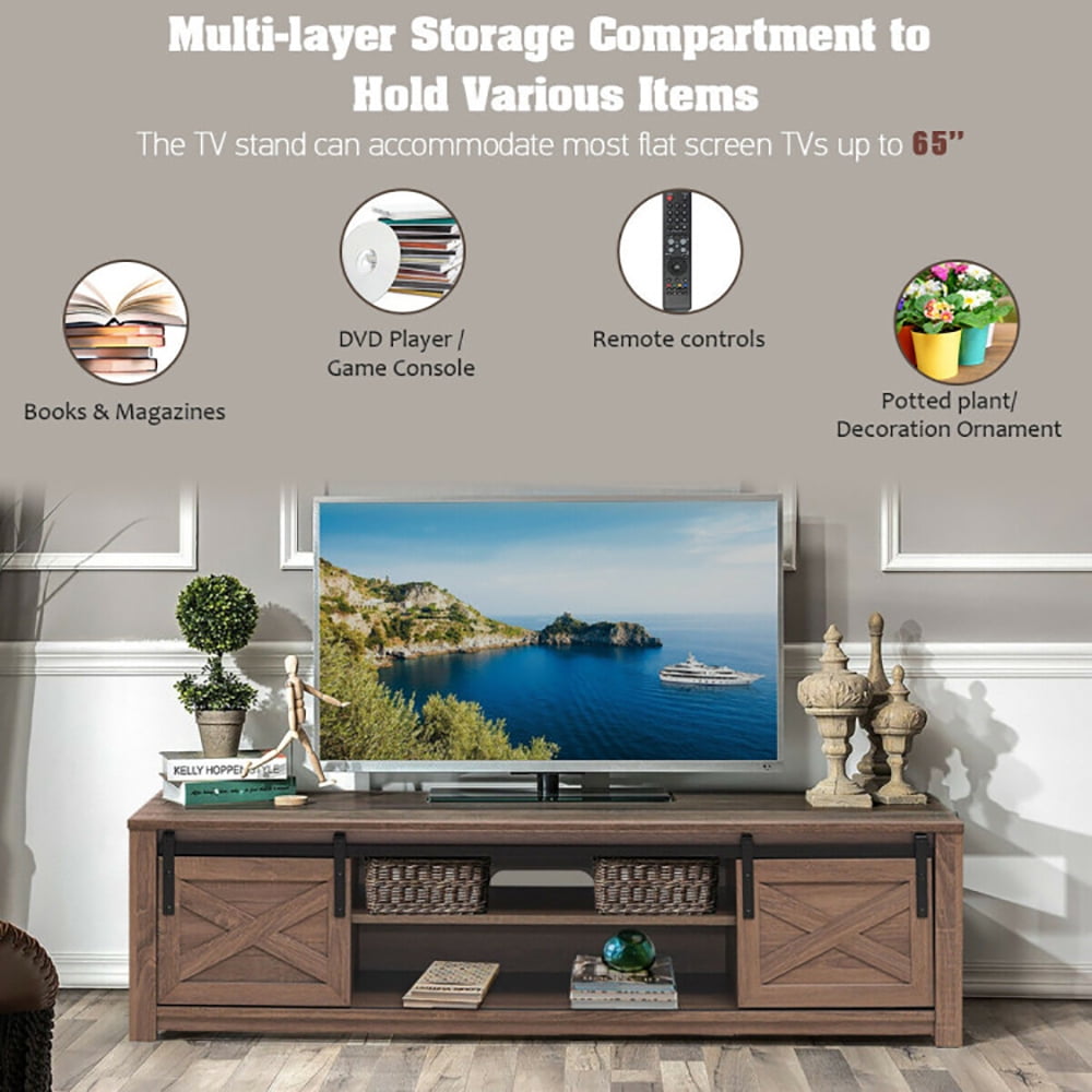 Finihen TV Stand, TV Cabinet, 65 Inch Flat Sliding Barn Door TV Stand, Media Entertainment Center with Storage, for Living Room, Bedroom, Walnut