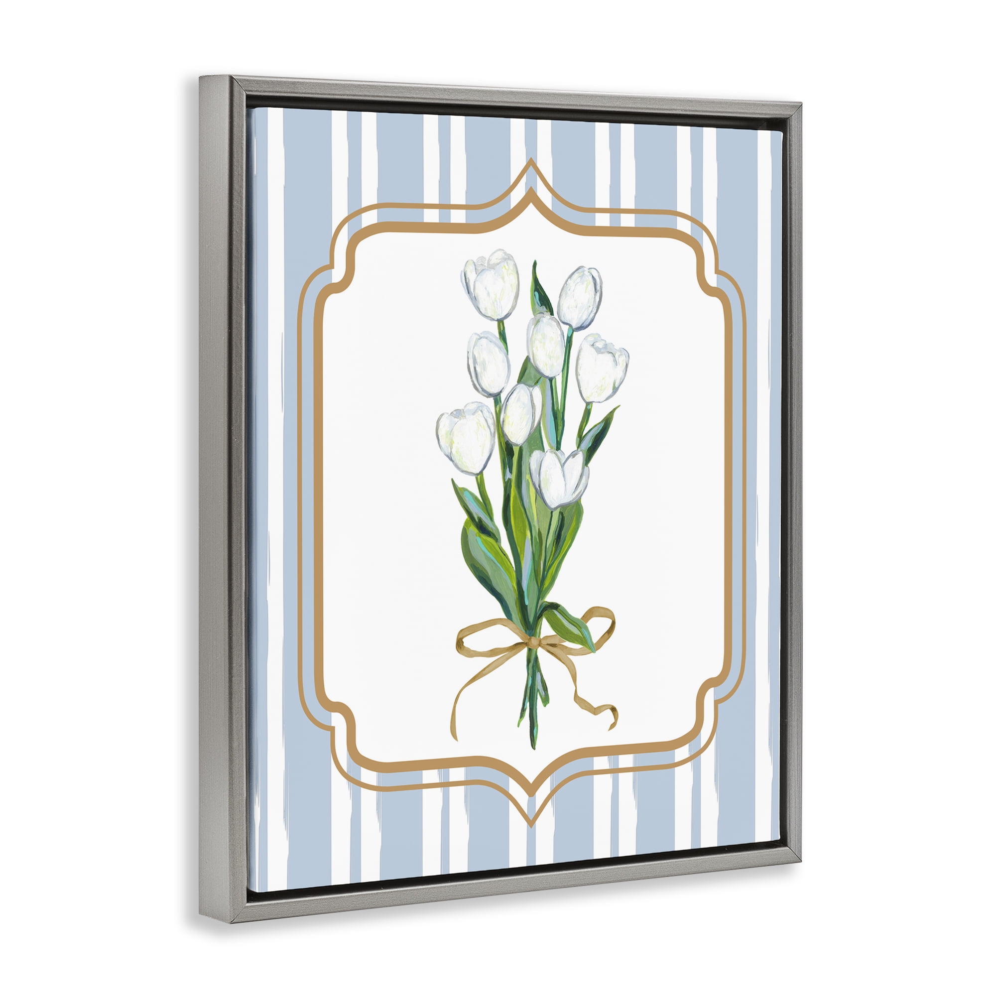 White Tulip Bouquet & Stripes Gray Framed Floater Canvas Wall Art, design by Adonna Ebrahimi