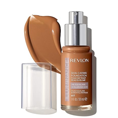 Revlon Illuminance Skin-Caring Liquid Foundation, Hyaluronic Acid, Hydrating and Nourishing Formula with Medium Coverage, 417 Warm Caramel, 1 fl oz