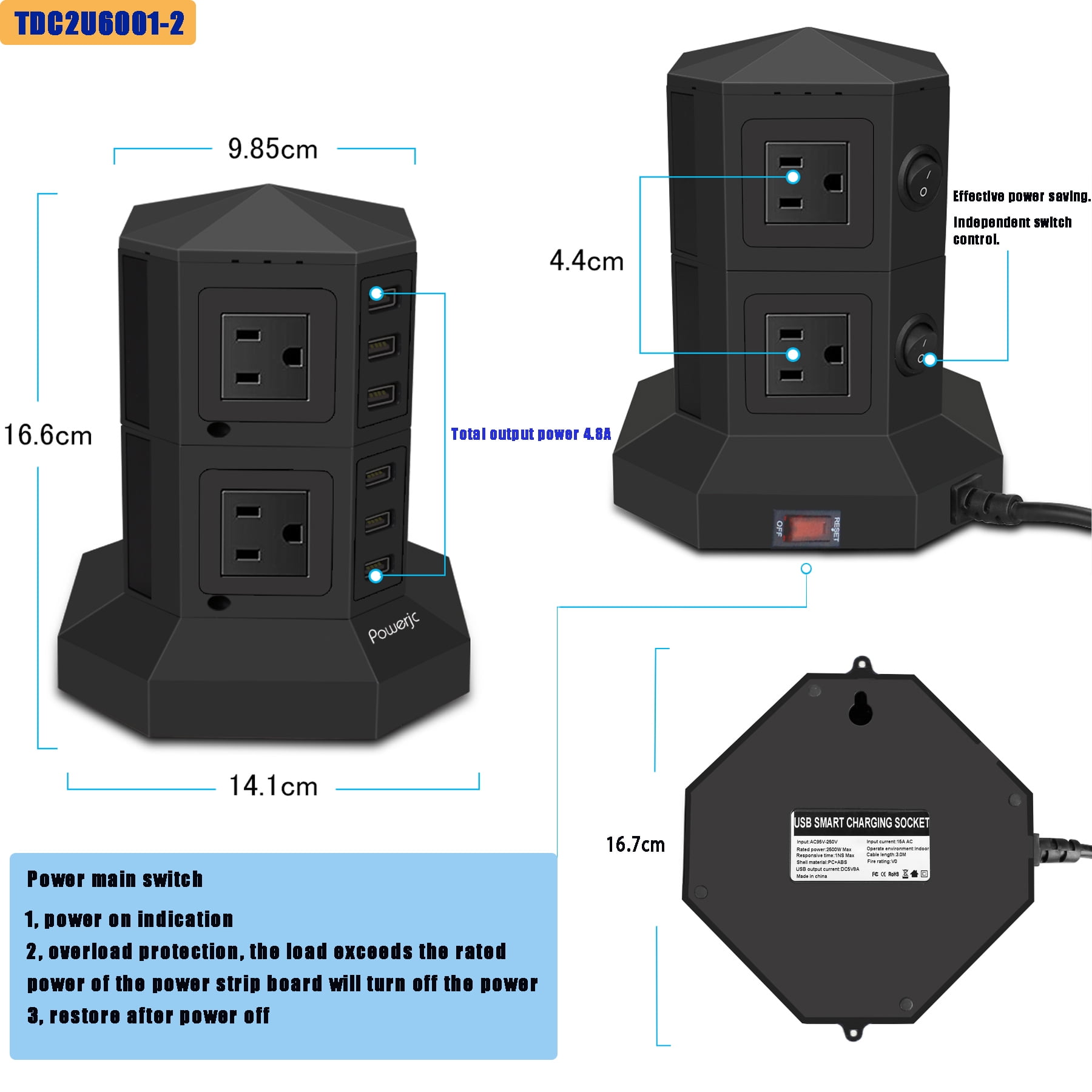 Powerjc Power Strip USB Surge Protector Tower 8 AC Outlets with 6 USB Ports Chargers 78.7 Inch Long Extension Cord Indoor White