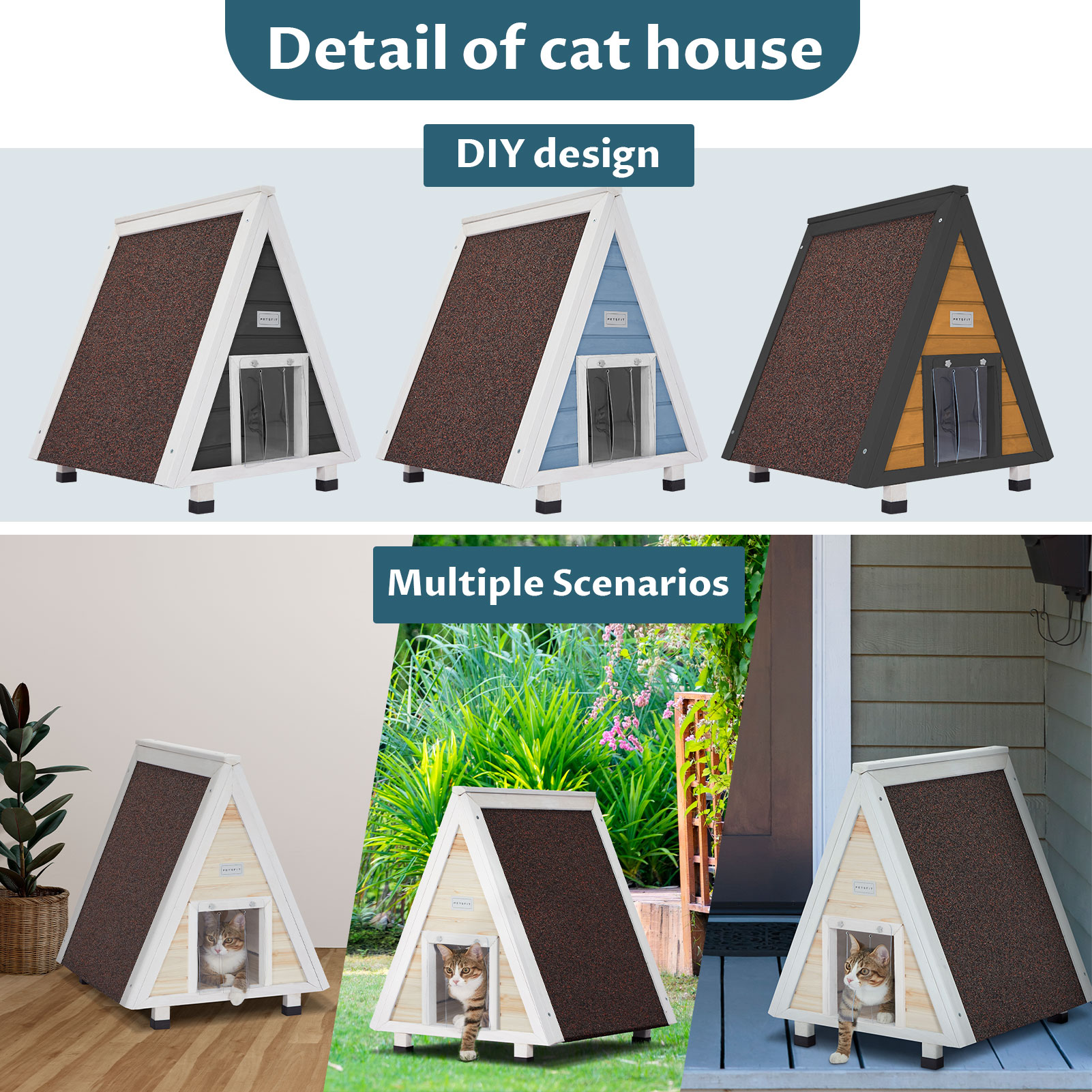 Petsfit Outdoor Cat House ,Outdoor Indoor Pet House with Escape Door for Rabbits,Ferret,Guinea Pig,Dogs and Other Small Animals，Solid Wood
