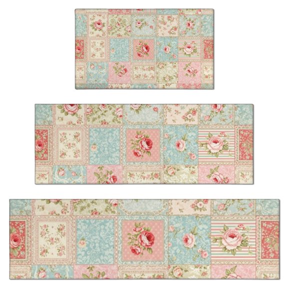 Pioneer Flower Floral Print Pattern Kitchen Rugs Sets Of 3,Kitchen Runner Rugs Non Skid Washable,Decorative Kitchen Floor Mats for Kitchen,Sink,Laundry,17X30 Inch 17X47 Inch 17X59 Inch