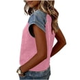 thumbnail image 5 of Womens Summer Tops Shorts Sleeve Waffle Knit Crew Neck T-Shirts Faux Denim Patchwork Dressy Tunic Trendy Plain Blouses Shirts Lounge Casual Loose Fit Tees Shirt Top Going Out, 5 of 7