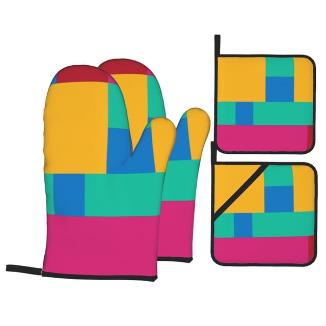 YFYANG Ensembles de Mitaines de Four et Porte-Casseroles 4 Pcs, Antidérapant Résistant à la Chaleur Motif Rectangulaire Coloré Tapis de Casserole pour Cuisine et Pâtisserie