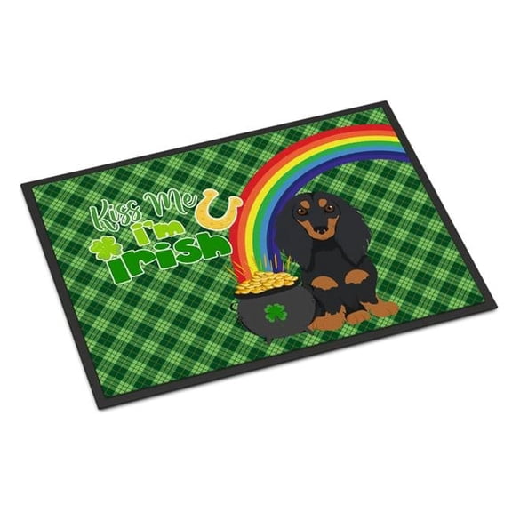 Longhair Black and Tan Dachshund St. Patrick's Day Indoor or Outdoor Mat 24x36 36 in x 24 in