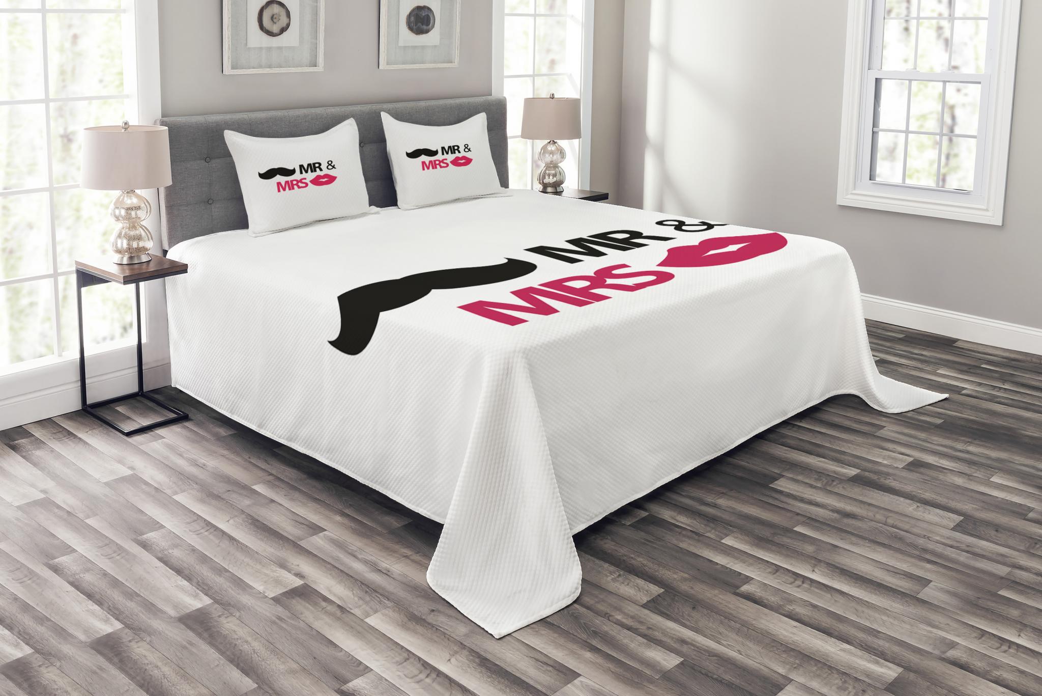 Wedding Bedspread Set Funny Stencil Art Lips Moustache Mr And Mrs Wedding Bedspread Set Funny Stencil Art Lips Moustache Mr And Mrs Retro Stylized Design Print Decorative Quilted Coverlet With Pillow Shams