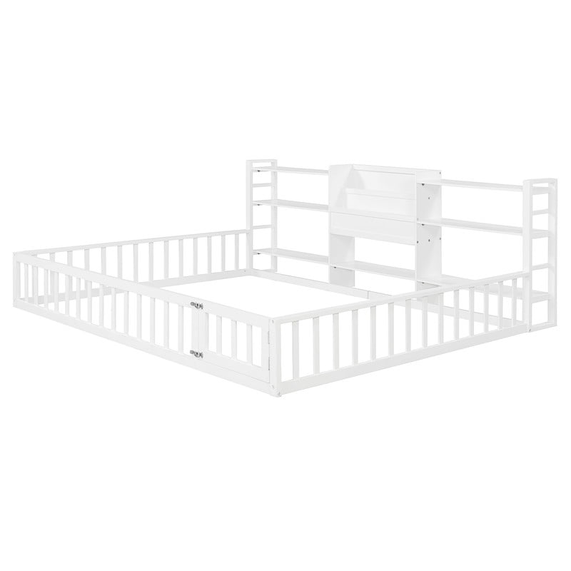 Queen Size Floor Bed Montessori Bed with Integrated Bookcase and 3-Tier Storage Shelves, Wooden Low Profile Toddler Bed Platform Bed with Safety Guardrails for Boys Girls