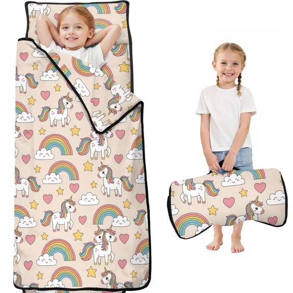Unicorn and Star Beige Pattern Teens Toddler Nap Mat with Pillow, Sleeping Mat Bag for Preschool Daycare 59"x22"