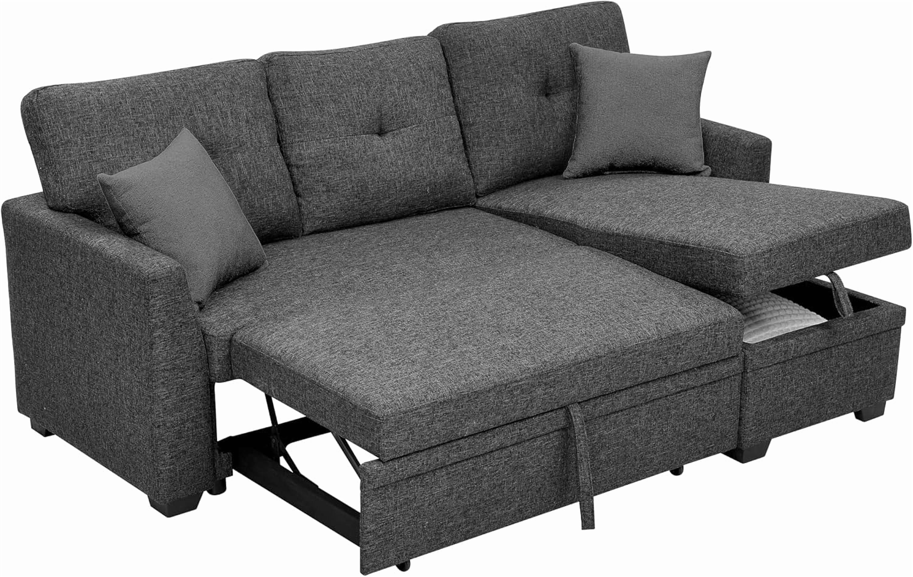 Howcool Sectional Sleeper Sofa with Pull Out Bed, 76.5"L Shape Convertible Linen Couch with Storage Chaise, 2 in 1 Pull Out Sofa Bed with 2 Seats, for Living Room, Apartment, Charcoal Black
