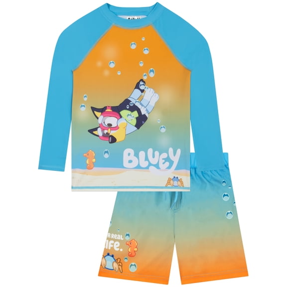Bluey Long Sleeve Swim Top And Swim Shorts Set Blue Sizes 2T-8