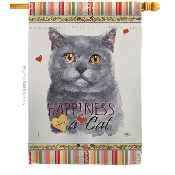 Breeze Decor H110162-BO 28 x 40 in. Cat Blue British Short Hair Happiness Double-Sided Decorative Vertical House Flag
