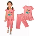 thumbnail image 5 of Odeerbi Kids Girls 2 Piece Outfits Ruffle Tops Capris Set Summer Clothes Floral Print Round Neck Short Sleeve Flying Sleeves Top Elastic Waist Cropped Pants Two-piece Set Pink, 5 of 5