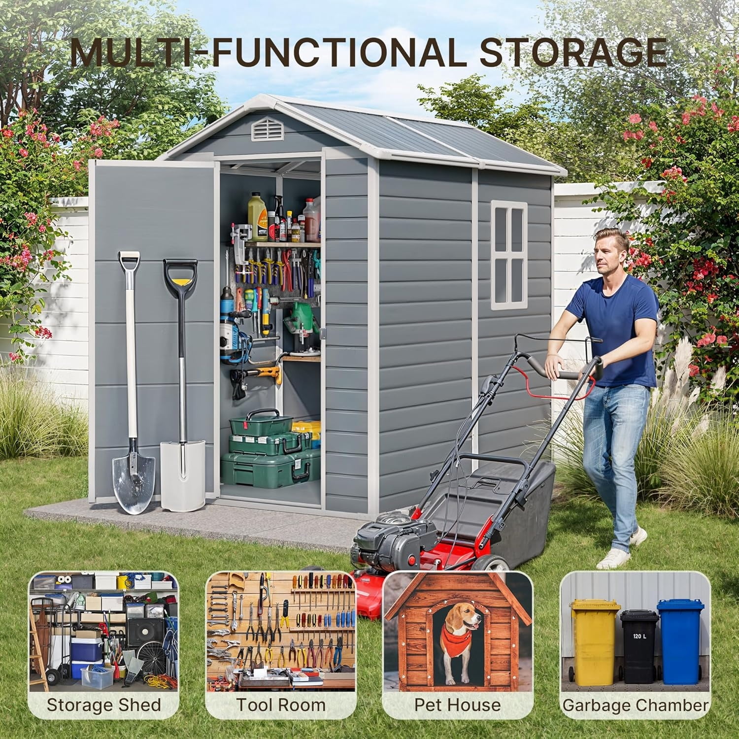 Asofer 6x4 ft Outdoor Resin Storage Shed with Floor & Lockable Doors - Heavy Duty Plastic Garden Shed for Backyard|Patio|Lawn Tool Organization - Grey