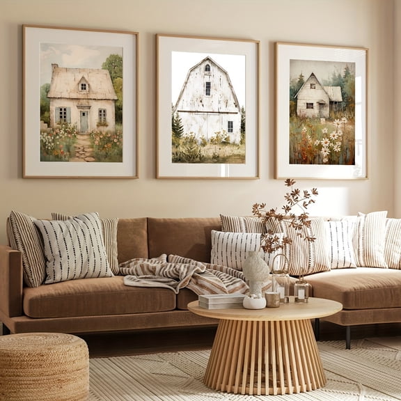 3pcs Unframed Vintage Stone House Print, Barn Print, Old House Country Print, Simple Farmhouse Wall Decoration, White Barn Painting, Simple Farmhouse Decoration, Vintage Country Print, French Countr