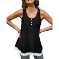 thumbnail image 1 of Blusa de empalme de encaje para mujer, cuello redondo, botón, cómoda, cuello redondo, sin mangas, Top negro XL, 1 of 8