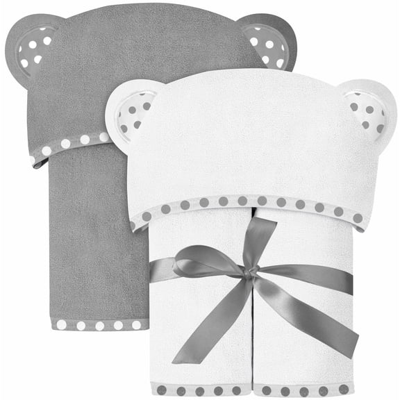 ELSVIN Set of 2 Hooded Baby Towels – White and Grey – Luxurious, Large and Super Absorbent – 30 x 30 Inch – Soft and Suitable for Infants, Toddlers and Kids – 400 GSM