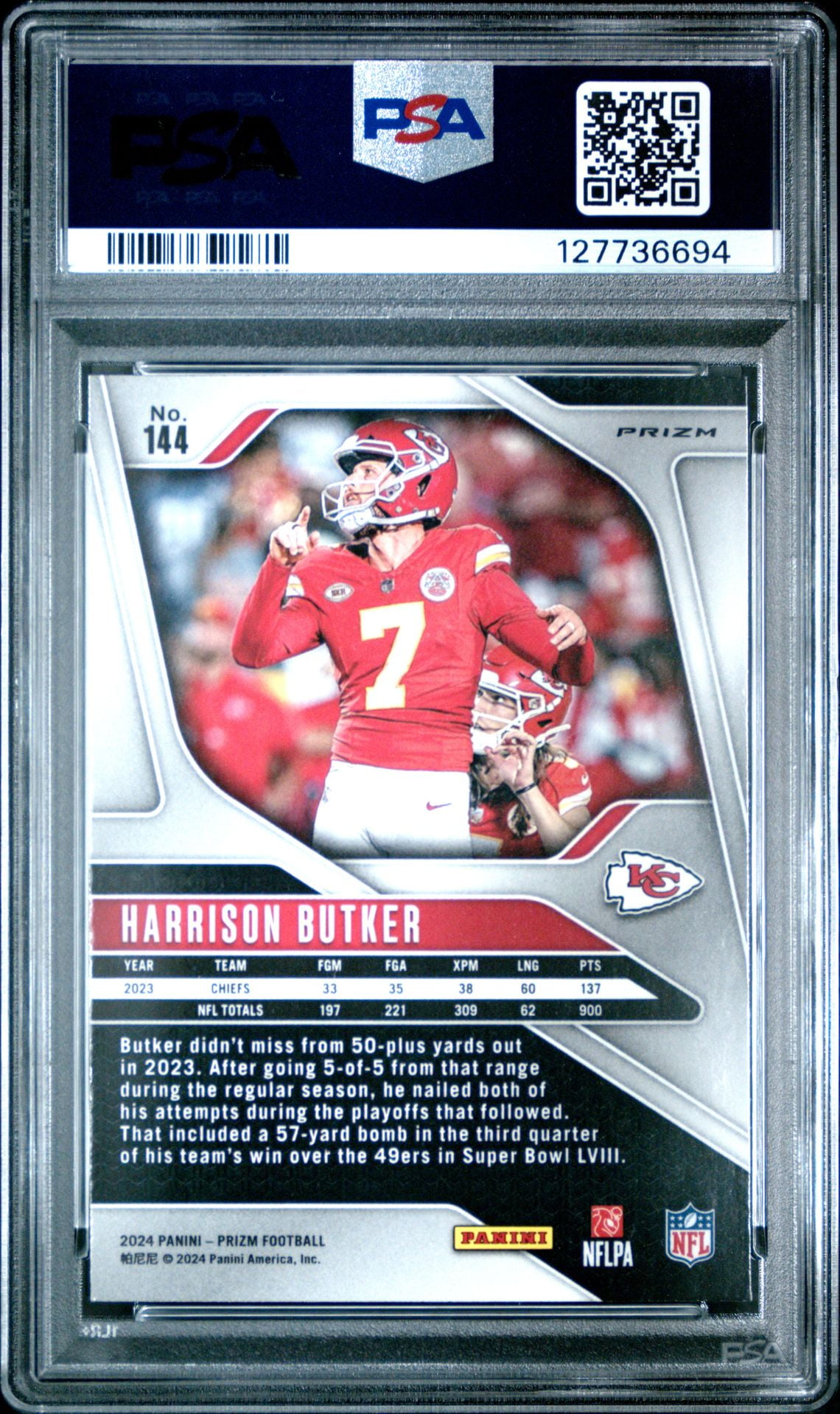 Harrison Butker 2024 Prizm Red Football Card #144 Graded PSA 10 Cert #1277736694