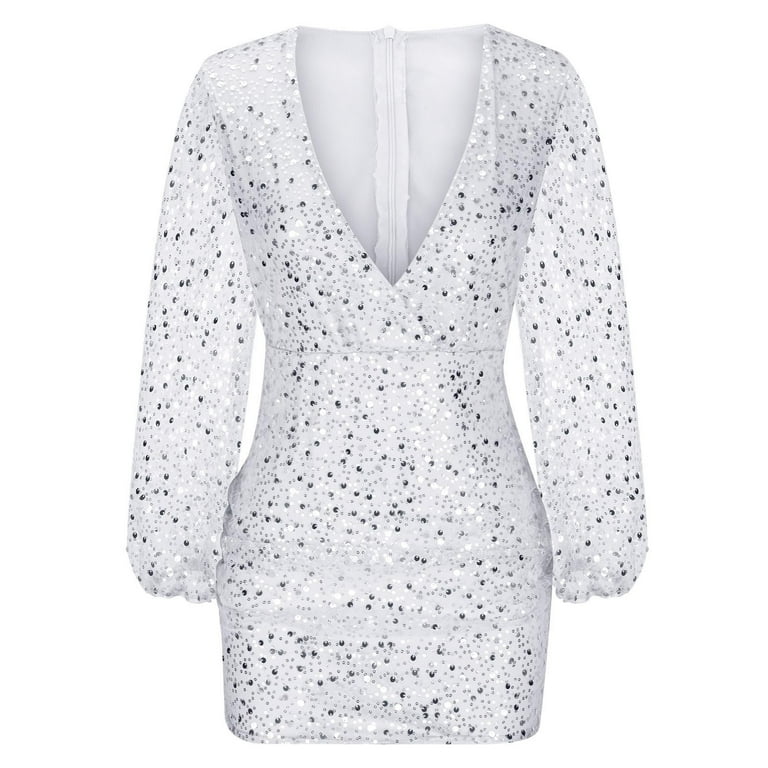 Sequin Long Sleeve Homecoming Dresses for Teens Slim V Neck Mini Cocktail Gown  Tight Glitter Party Dress - Walmart.com
