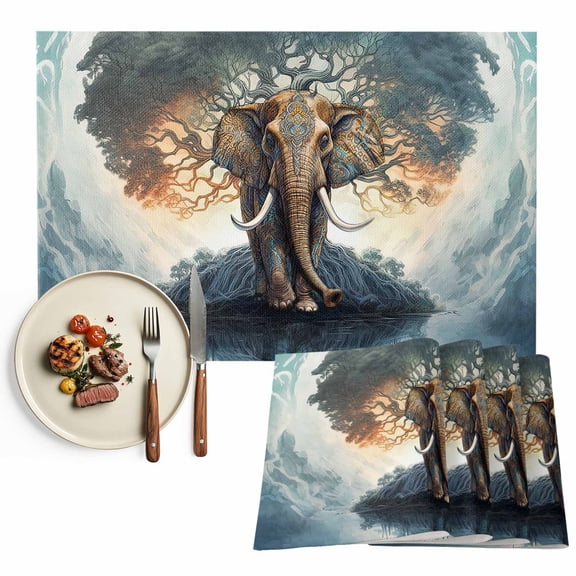 Vintage Boho Elephants Trees Placemats Set of 4, Chocolate Brown Blue Table Mats Washable Heat-Resistant Non-Slip Place Mats for Kitchen Dinner Table Indoor Outdoor Decor,13x19 Inch