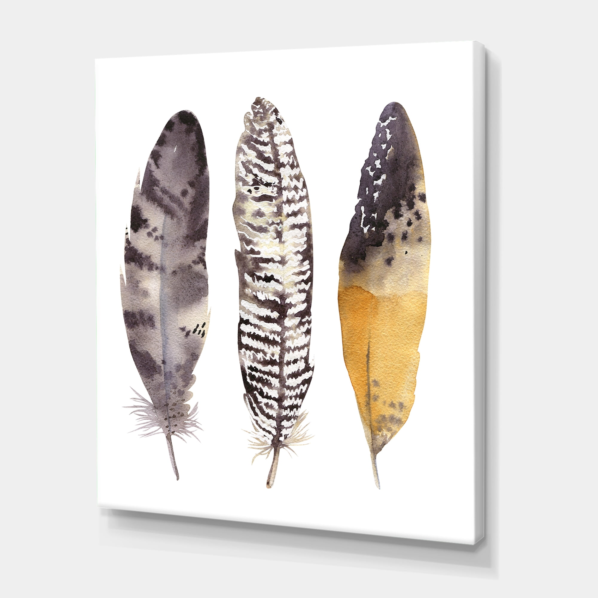 Boho Ethnic Art Dark Gray Feathers III 8 in x 12 in Painting Canvas Art Print, by Designart