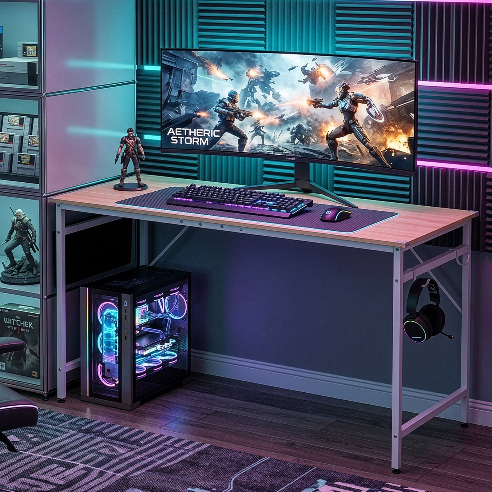 Computer Desk with Warm Oak Finish, P2 Particle Board, Under-Desk Storage Shelf, Sturdy Iron Frame for Home Office/Gaming