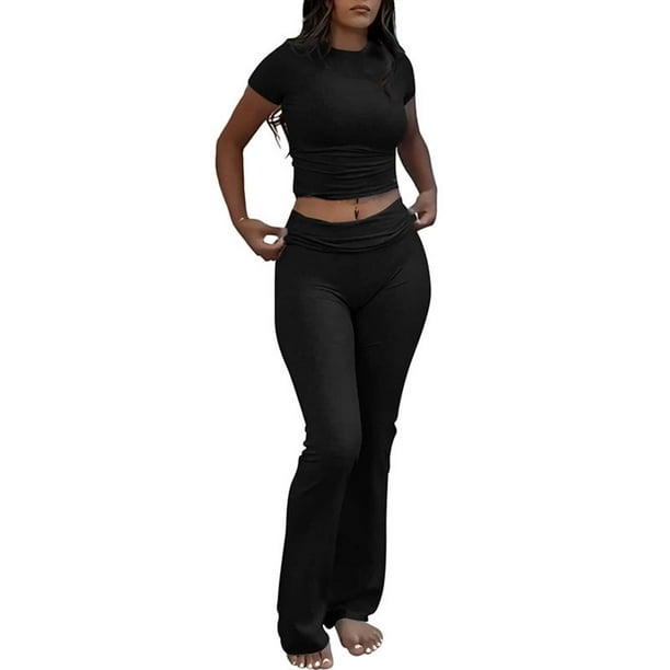 Conjuntos de 2 piezas para mujer: top ajustado de manga corta y leggings acampanados de talle bajo, ropa deportiva de viscosa 92 % para el día a día y ocasiones informales