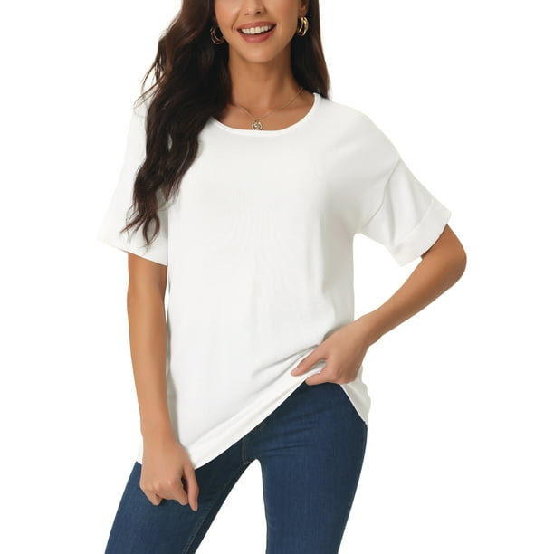Camisetas de manga corta casuales para mujeres INSPIRE CHIC, blusas básicas de punto de verano sueltas de color sólido S blanca