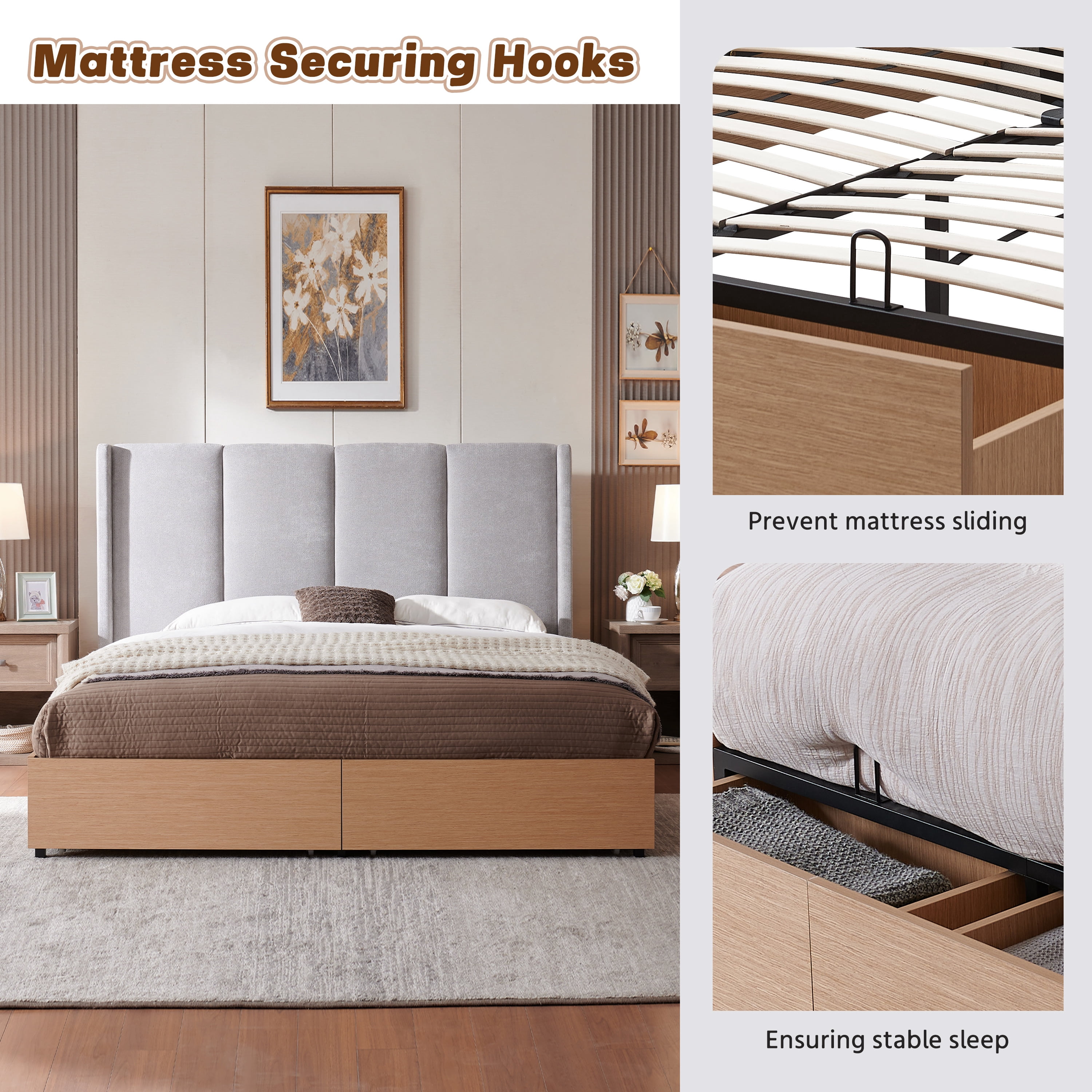 King Size Bed Frame and Upholstered Headboard, Solid Wood Platform Bed with Storage Drawers, Durable Wooden Slats, Solid and Stable, Noiseless, No Box Spring Needed, Easy Assembly, Light Gray