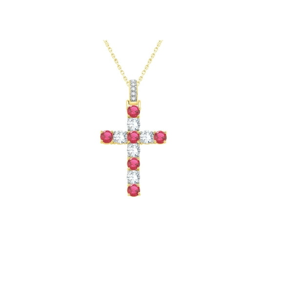Dazzlelane 3.2MM Round Cut Ruby & Natural Diamond Cross Pendant Necklace For Women In 14K Yellow Gold Plated (Clarity I2-I3, Color I-J, 0.72 Cttw) (Chain Not Included)
